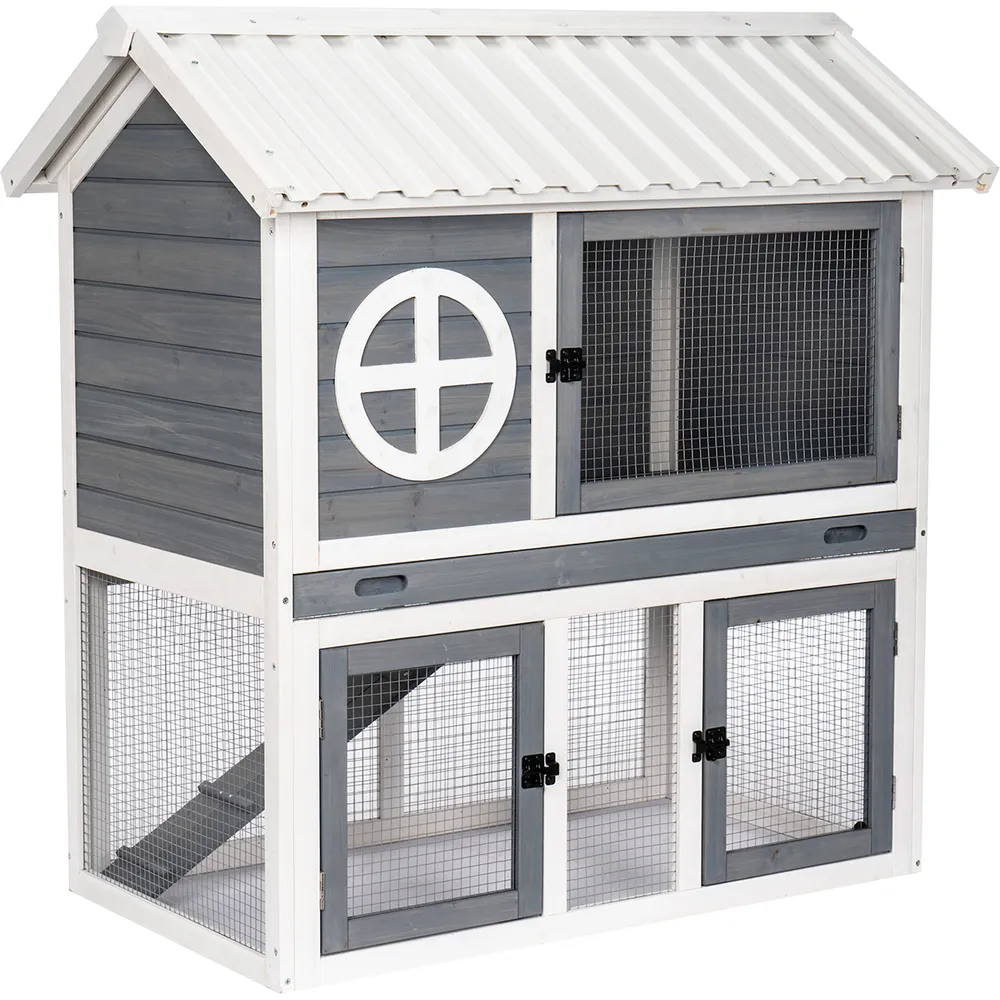 Utendørs kaninbur i tre – 2 etasjer (grå/hvit) 111×70.5×114.8 cm