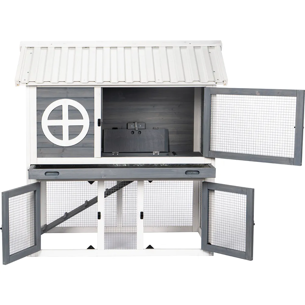 Utendørs kaninbur i tre – 2 etasjer (grå/hvit) 111×70.5×114.8 cm