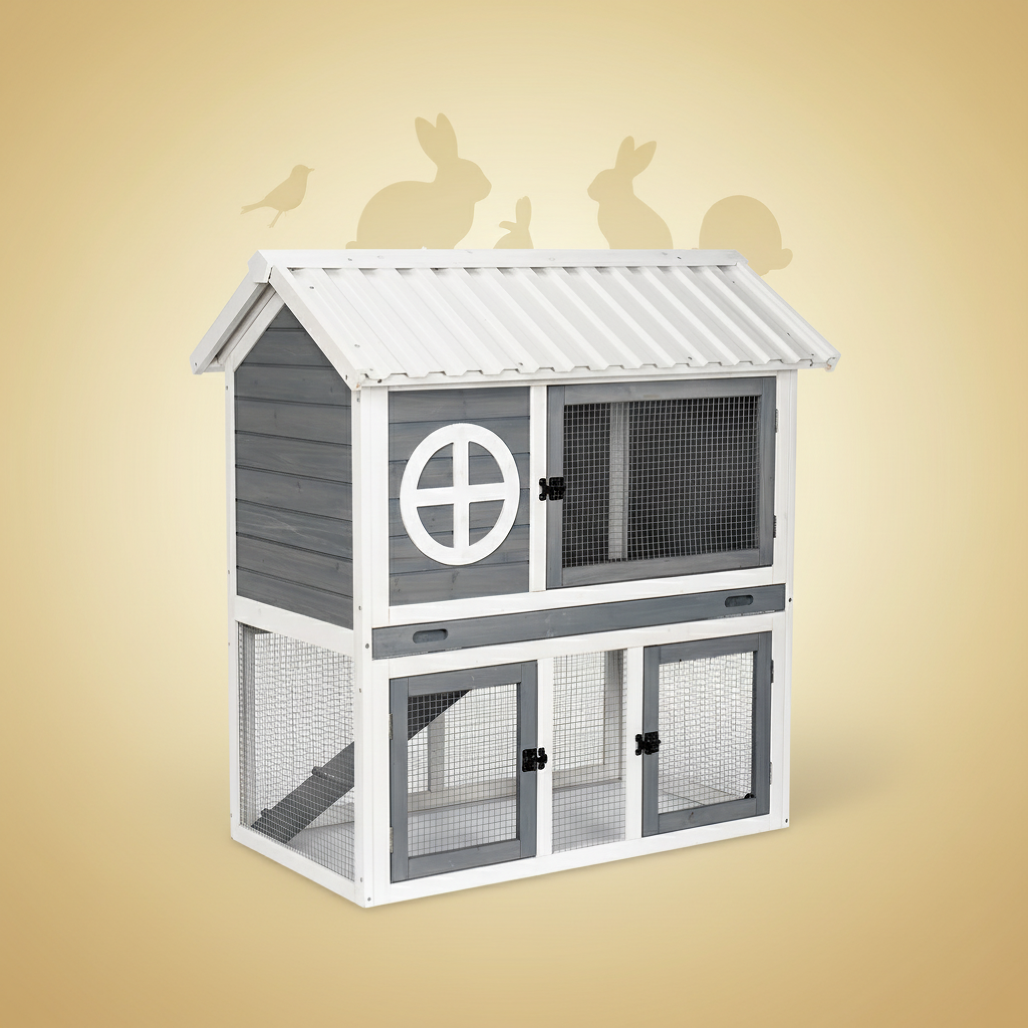 Utendørs kaninbur i tre – 2 etasjer (grå/hvit) 111×70.5×114.8 cm