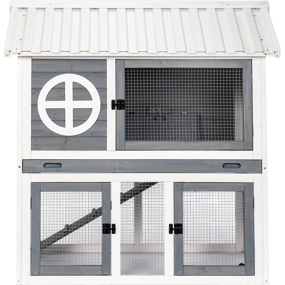 Utendørs kaninbur i tre – 2 etasjer (grå/hvit) 111×70.5×114.8 cm